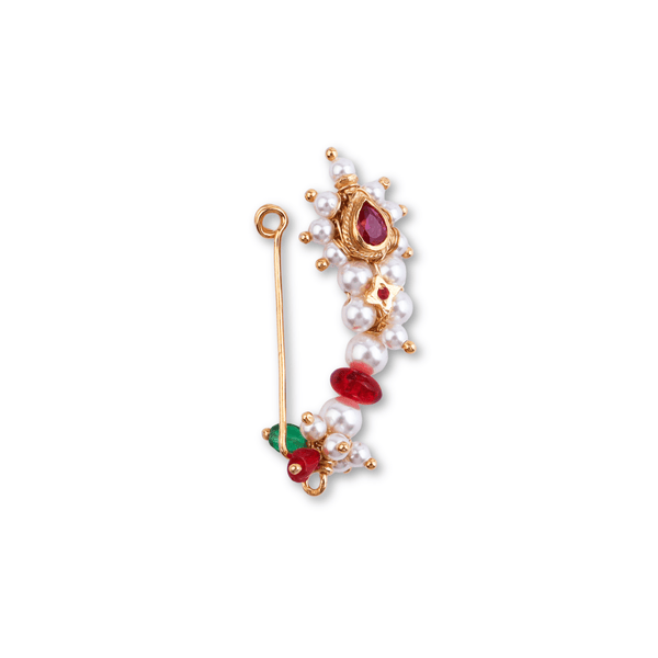Gold-plated pearl and red gemstone nose ring with intricate design