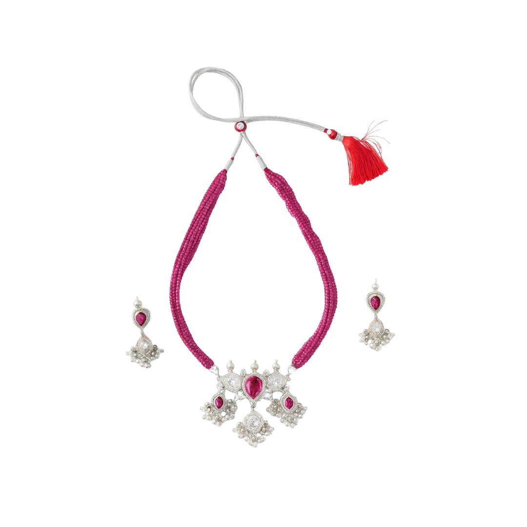 Pink & White Tanmani Set with Lab-Made Ruby Stones