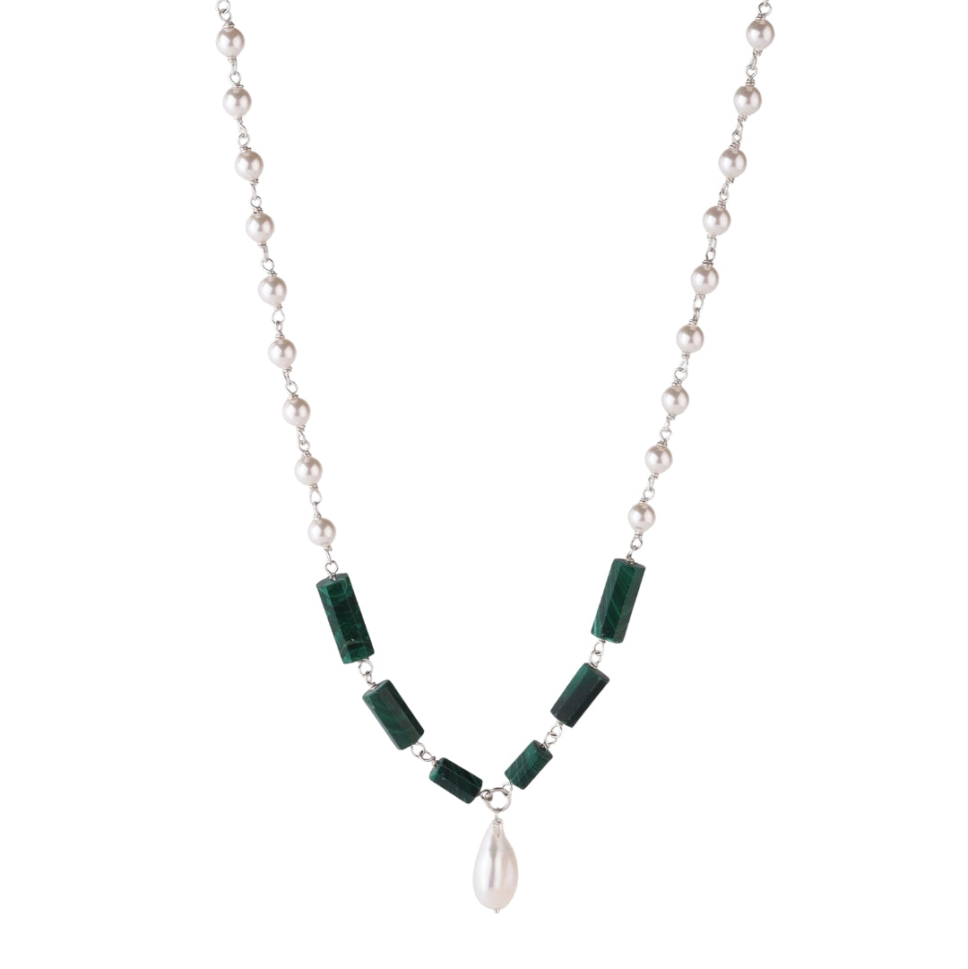 Silver pearl ganthan necklace with malachite stone in 92.5 sterling silver