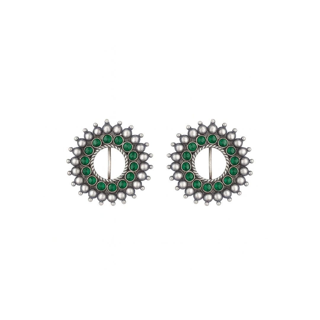 Green Karwar Chakra Earrings in sterling silver with green enamel accents