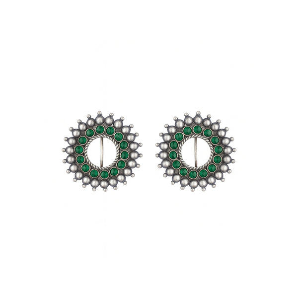 Green Karwar Chakra Earrings in sterling silver with green enamel accents