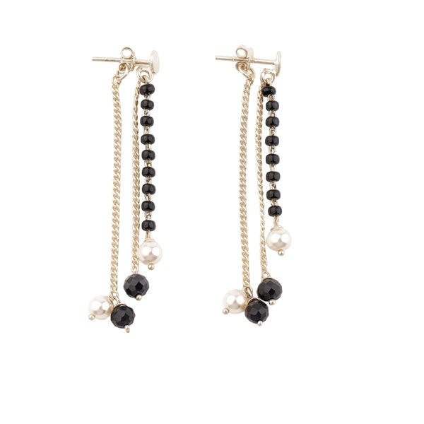 Silver three layer chain earrings with pearl and black spinel in 92.5 sterling silver