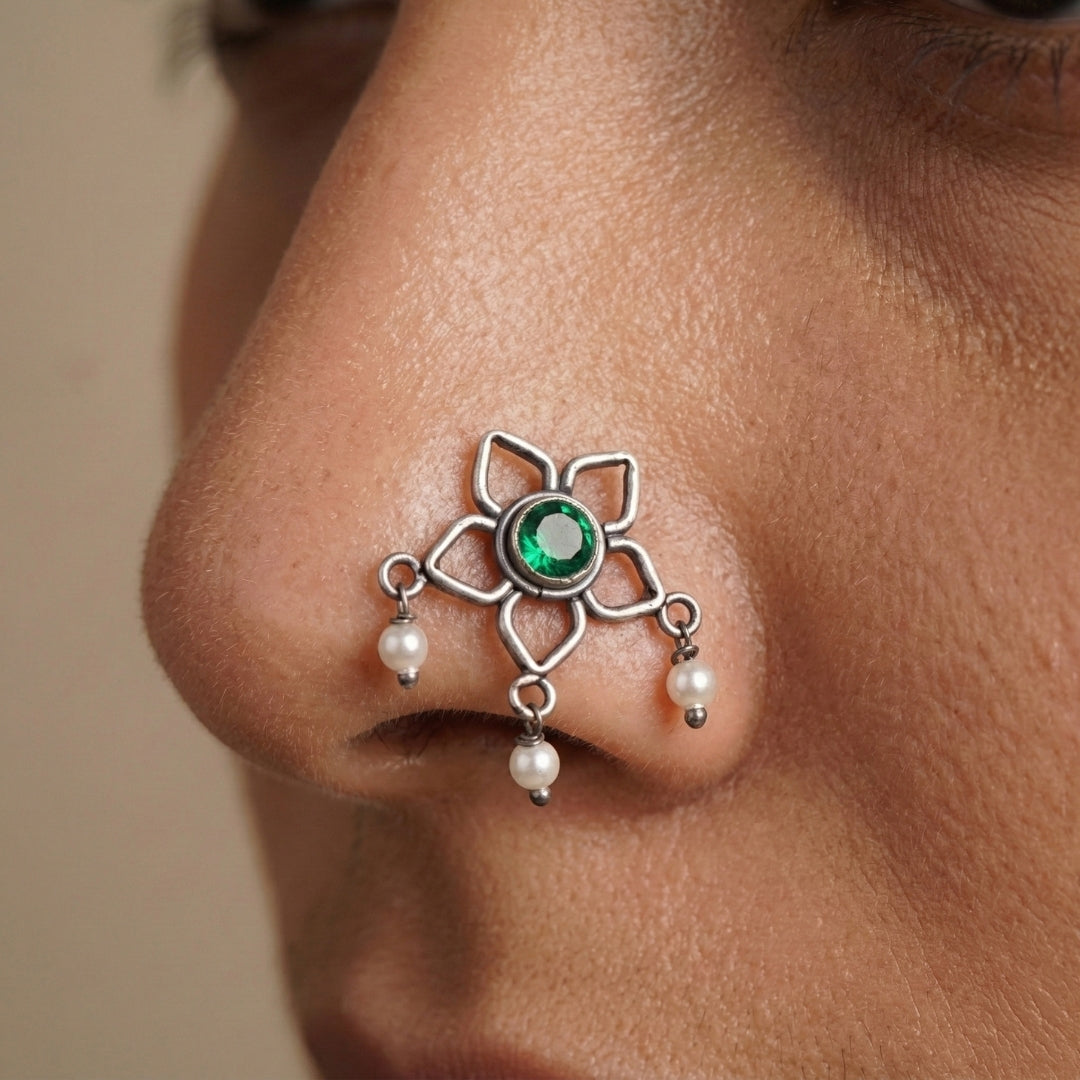 Oxidised Green Flower Pierced Nose Pin (Large)