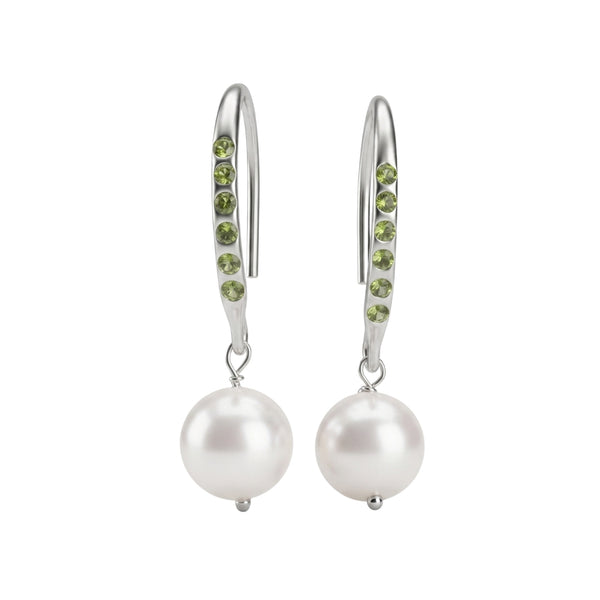 Silver Dangle Pearl Earrings with Green CZ Stones