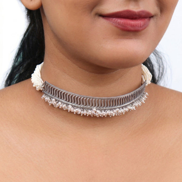 Wave Filigree Choker Set with Pearls