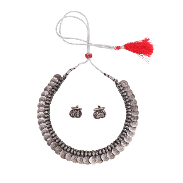 Silver coin necklace with red tassel and matching earrings