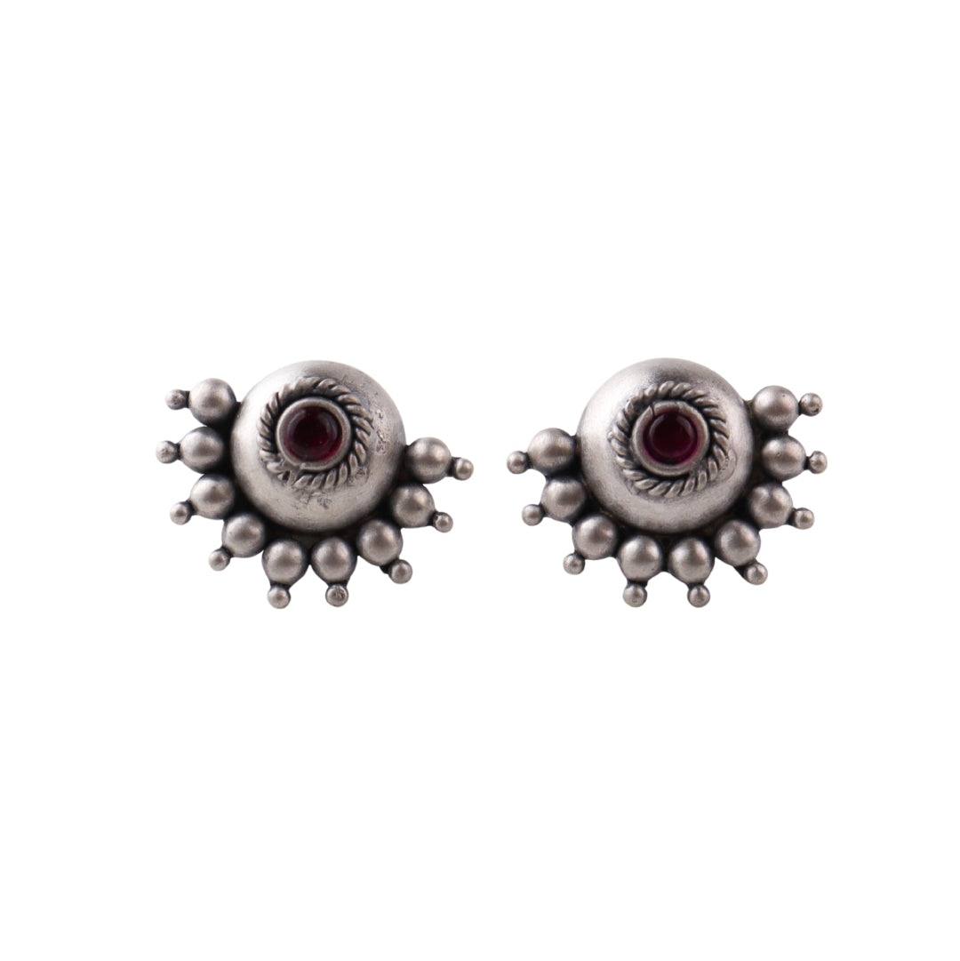 Silver Oxidized Dome Earring with kempu stone