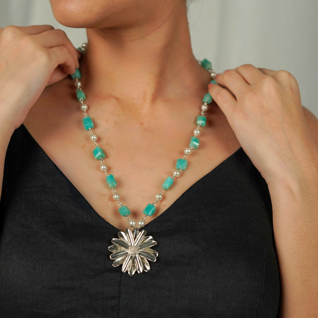 Silver Soorajmukhi Pendant Blue Amezonite Stones