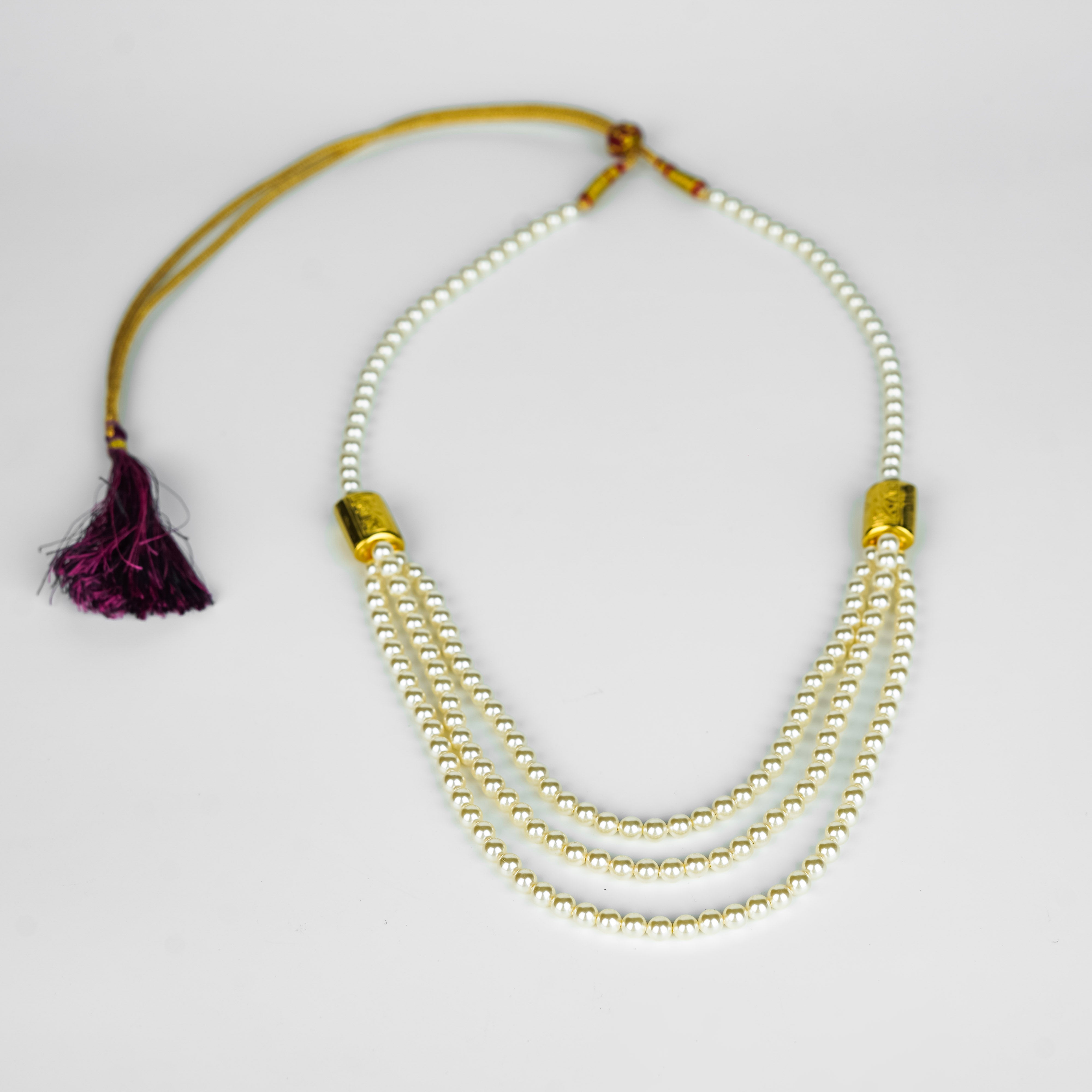 3 Layer Necklace with Carved Bead and Pearls