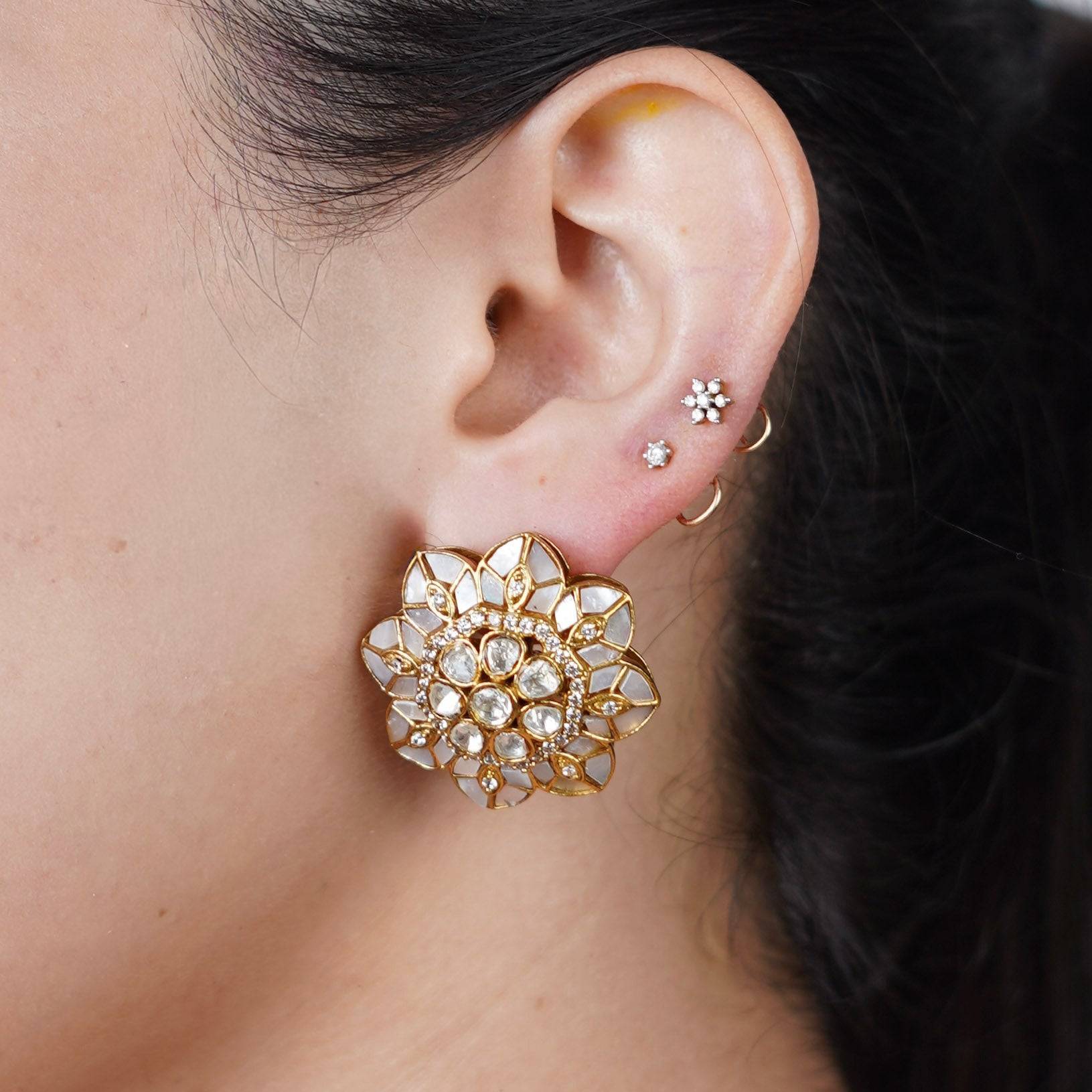 Model wearing Brass Fashion Earrings for a stylish and contemporary fashion jewellery look