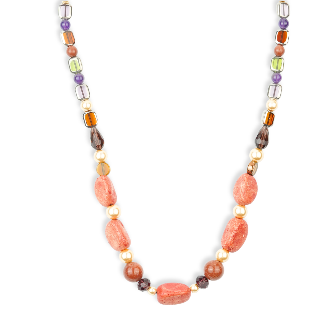 Golden Pearl, Amethyst, Handmade Ceramic Bead, Glass bead and Korean Glass Bead Necklace