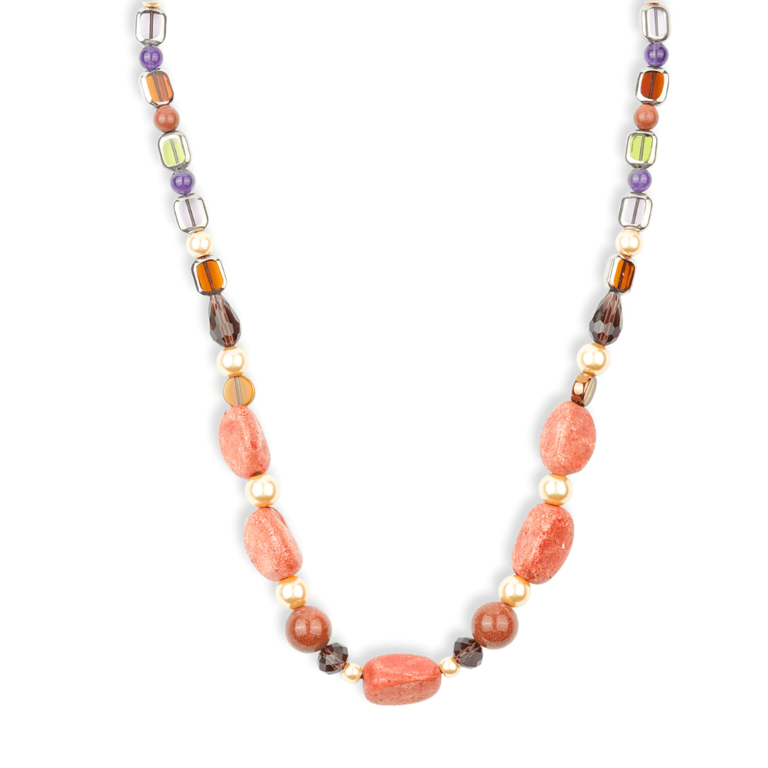 Golden Pearl, Amethyst, Handmade Ceramic Bead, Glass Bead, and Korean Glass Bead Necklace
