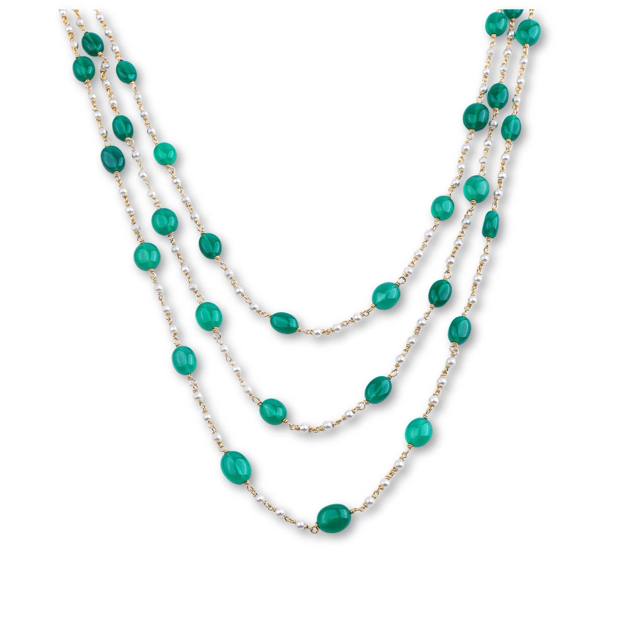 Green onyx and Swarovski pearl necklace with gold-plated chain