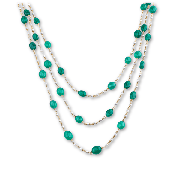 Green onyx and Swarovski pearl necklace with gold-plated chain