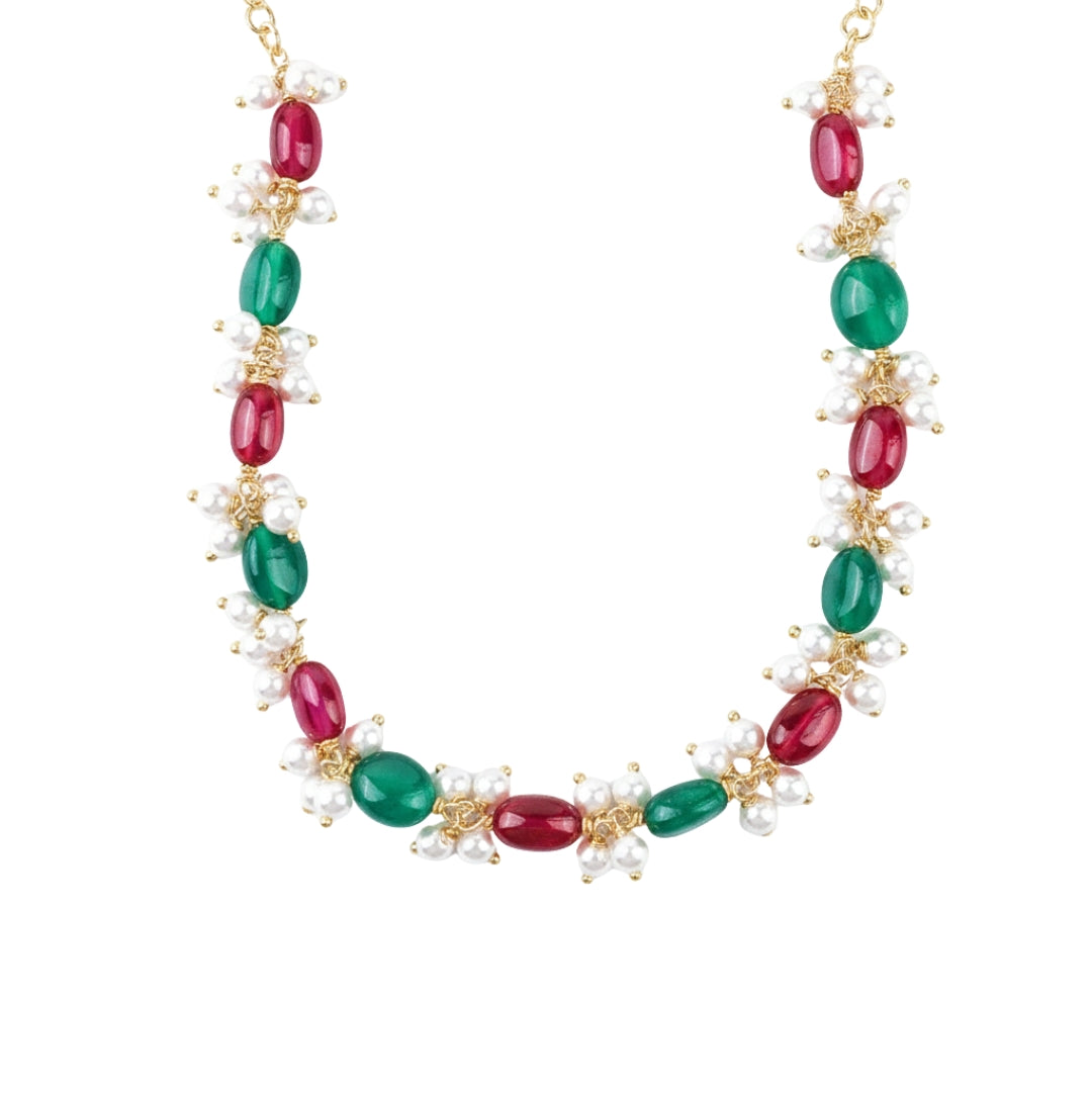 Luxe Necklace - Green Onyx, Rubies and Pearls | 92.5 Silver