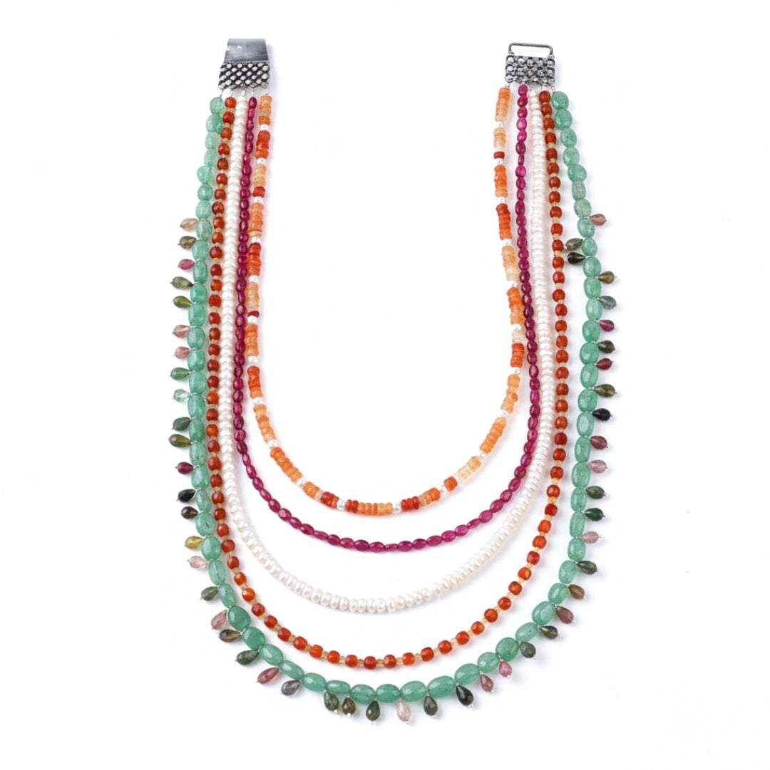Luxe Necklace - Multicolour Stones and Fresh Water Pearls
