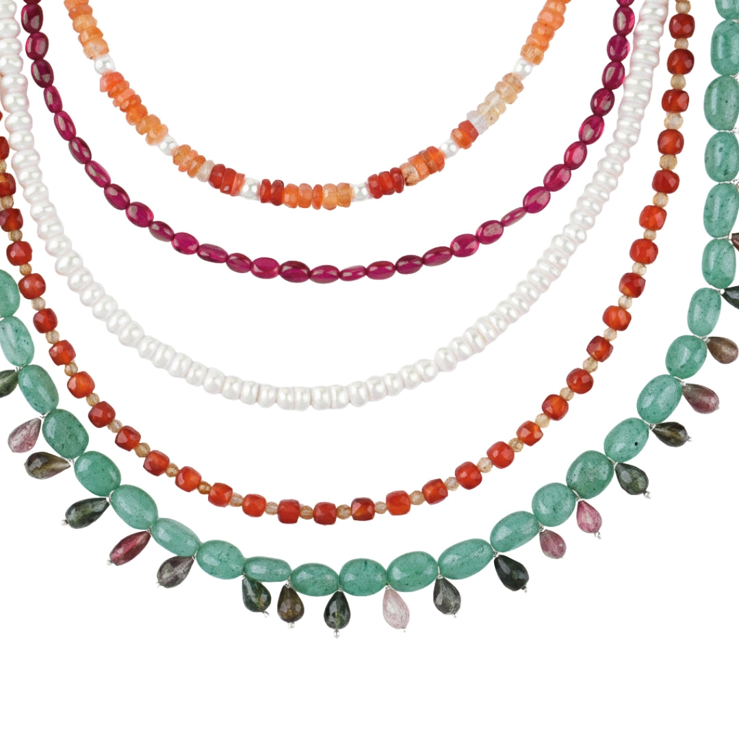 Luxe Necklace - Multicolour Stones and Fresh Water Pearls