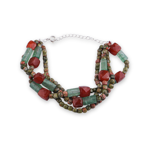 Unakite, Russian Quartz & Carnelian Silver Bracelet (Project Handmade)