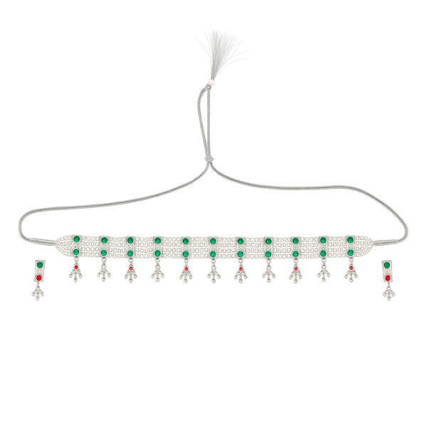 Silver Green Stone and Pearls Chinchapeti Set front view