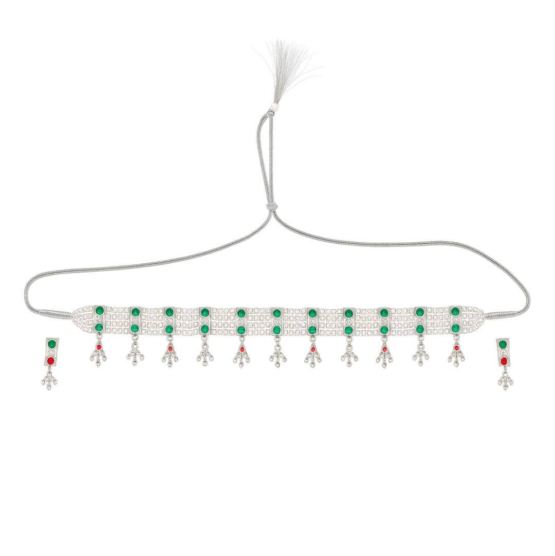 Silver Green Stone and Pearls Chinchapeti Set front view
