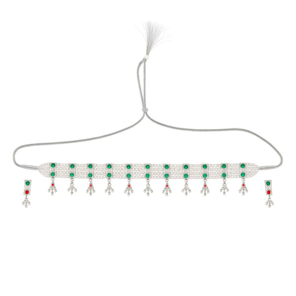Silver Green Stone and Pearls Chinchapeti Set front view