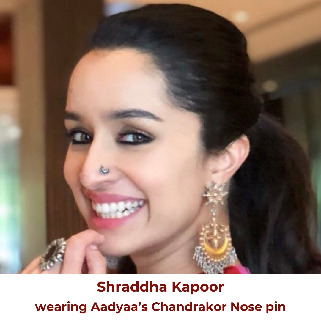 Shraddha Kapoor wearing Chandrakor nose pin, traditional jewelry, silver nose pin, festive look