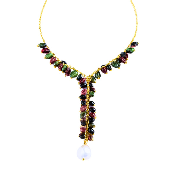 Colorful tourmaline and pearl necklace with gold chain