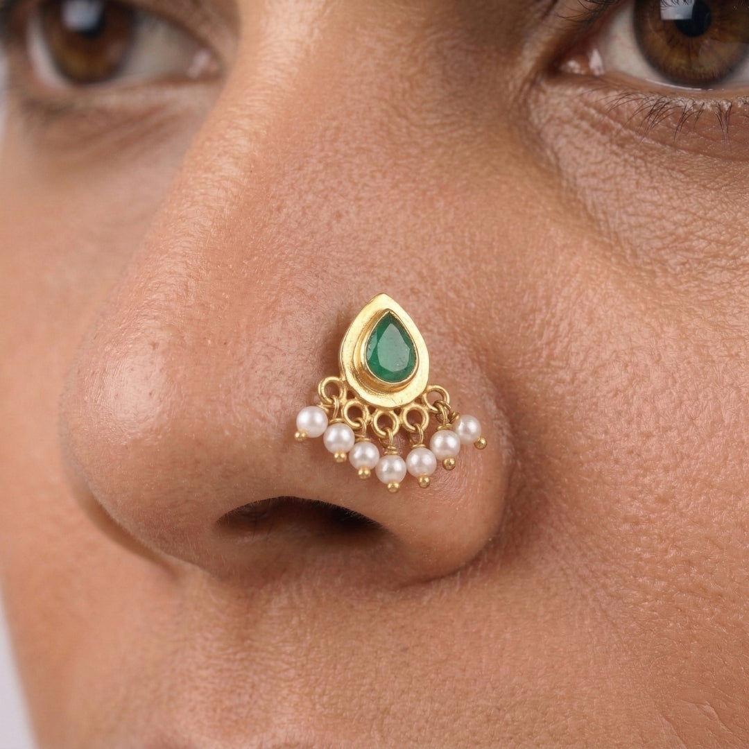 Green Drop Pierced Nose Pin | 22K Gold-Plated (Large)