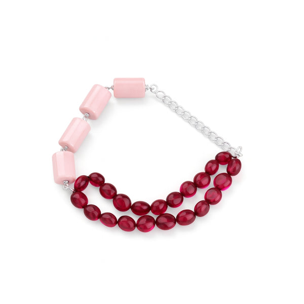 Pink Opal & Ruby Stones Half & Half Silver Bracelet front view