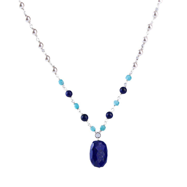 Front view of Silver Pearl Ganthan Necklace with Multi-color Stones in 92.5 sterling silver featuring lustrous pearls and vibrant gemstones