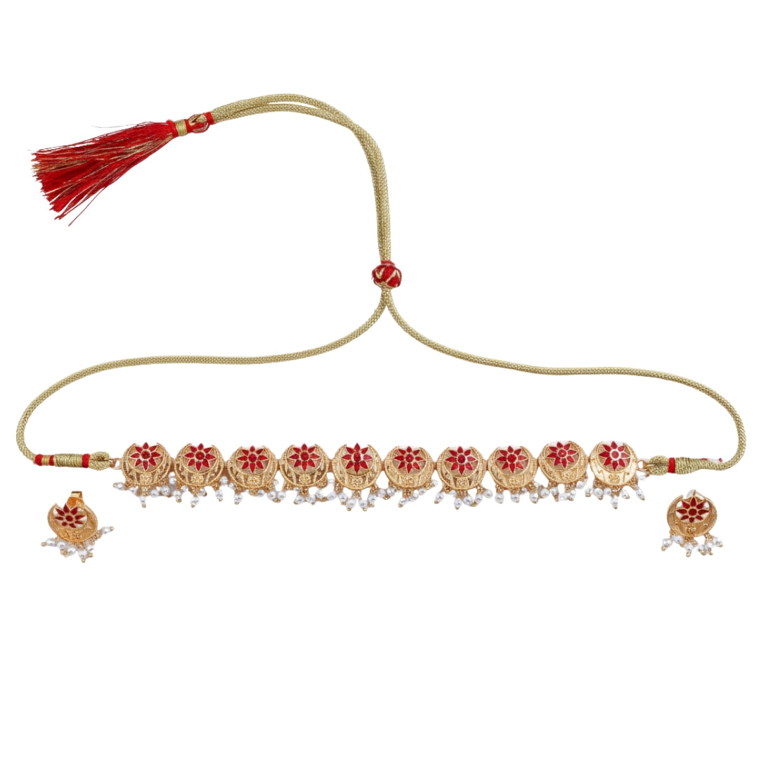 Gold and red floral choker set with pearl accents