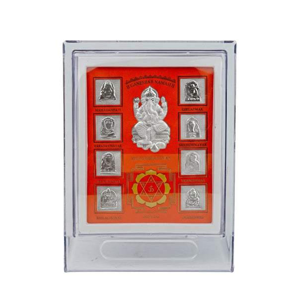 Sterling silver Ganesh Yantra frame with orange background for home decor