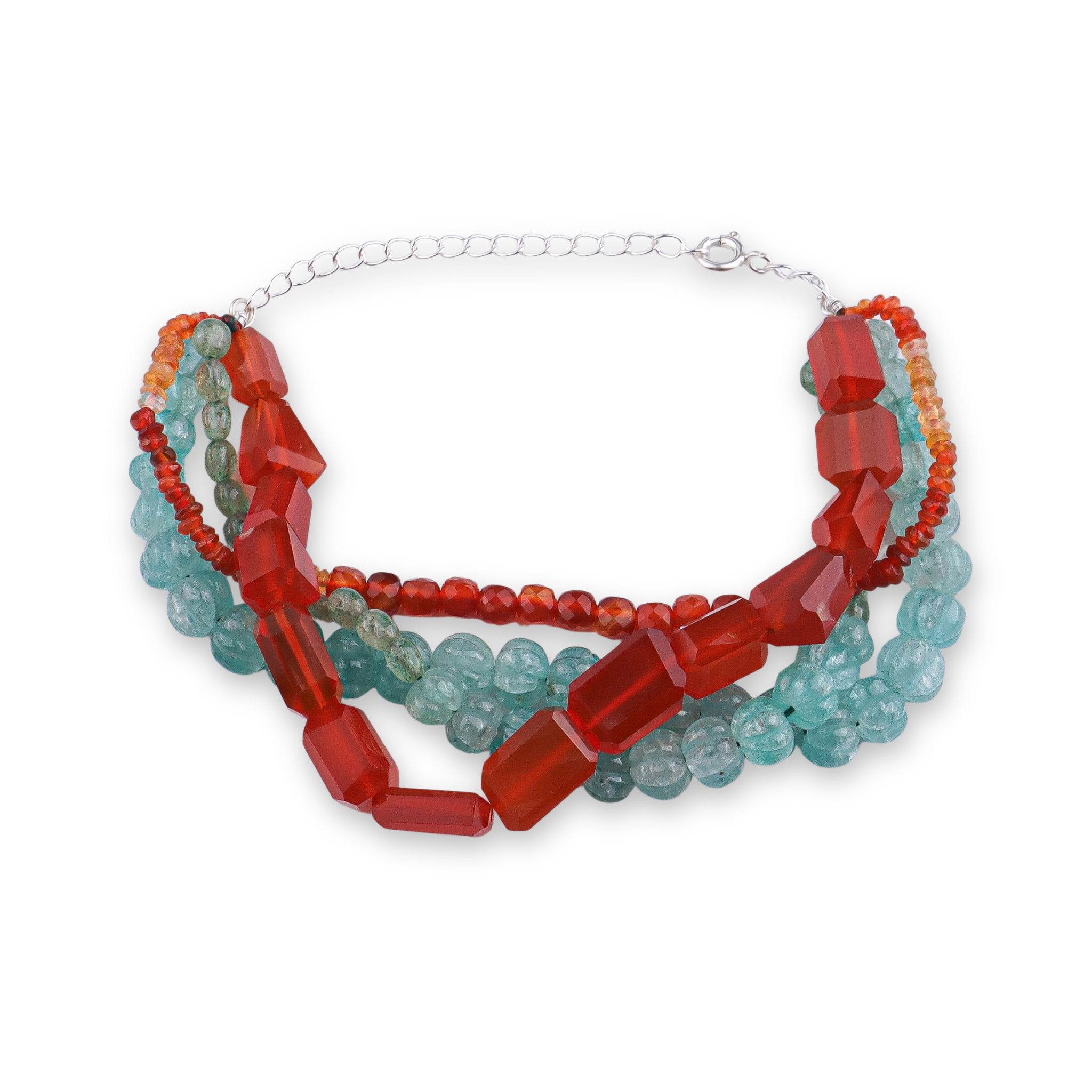 Carnelian, Russian Quartz, Natural Orange Opal & Carved Pumpkin Aqua Fluorite Silver Bracelet (Project Handmade)