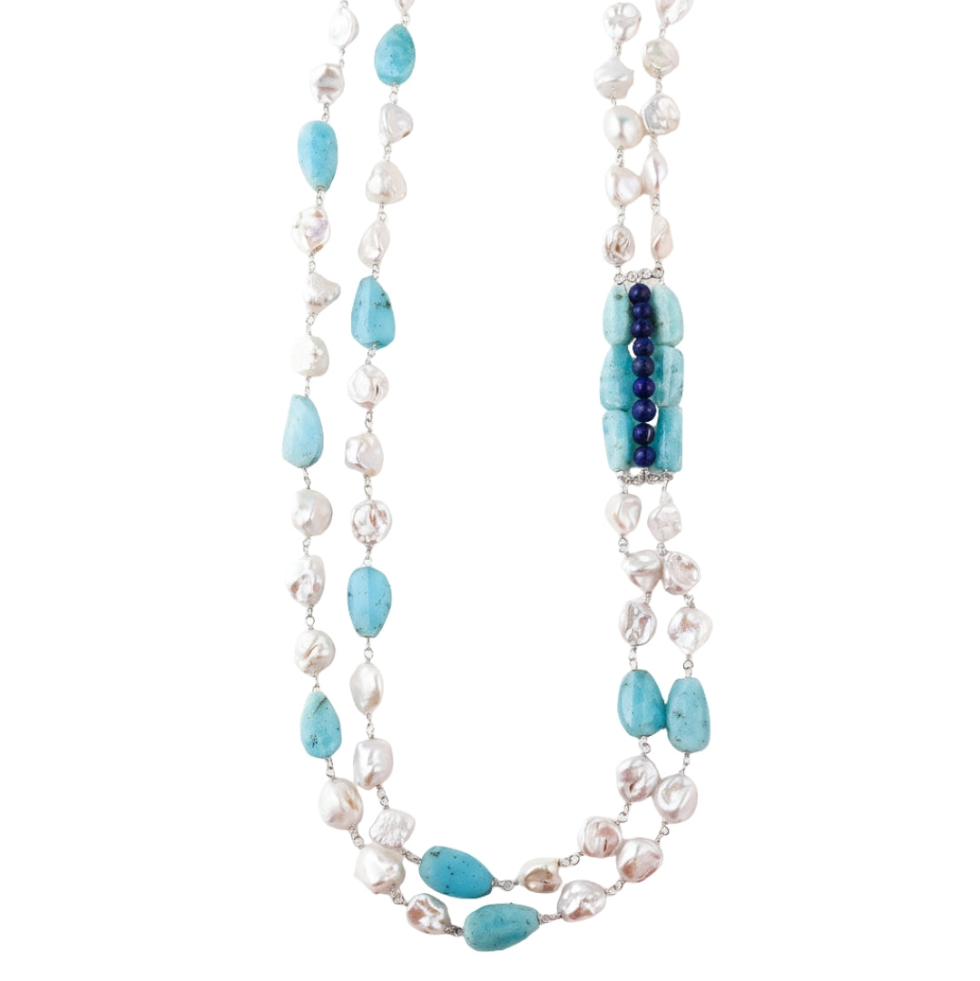 Luxe Necklace - Lapis Lazuli, Larimar & Boroque Pearls