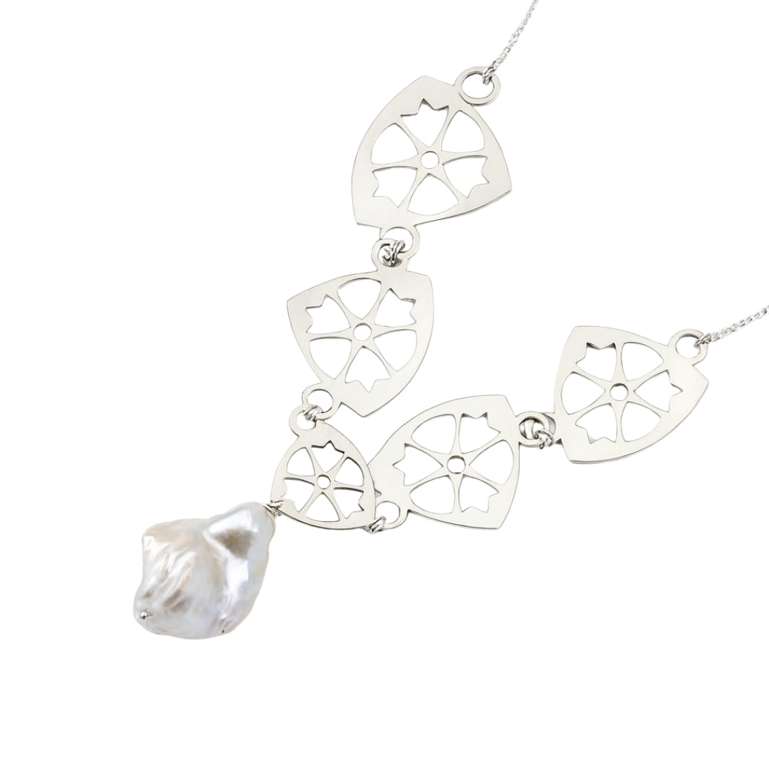 Silver Laser Filigree Pearl Drop Necklace