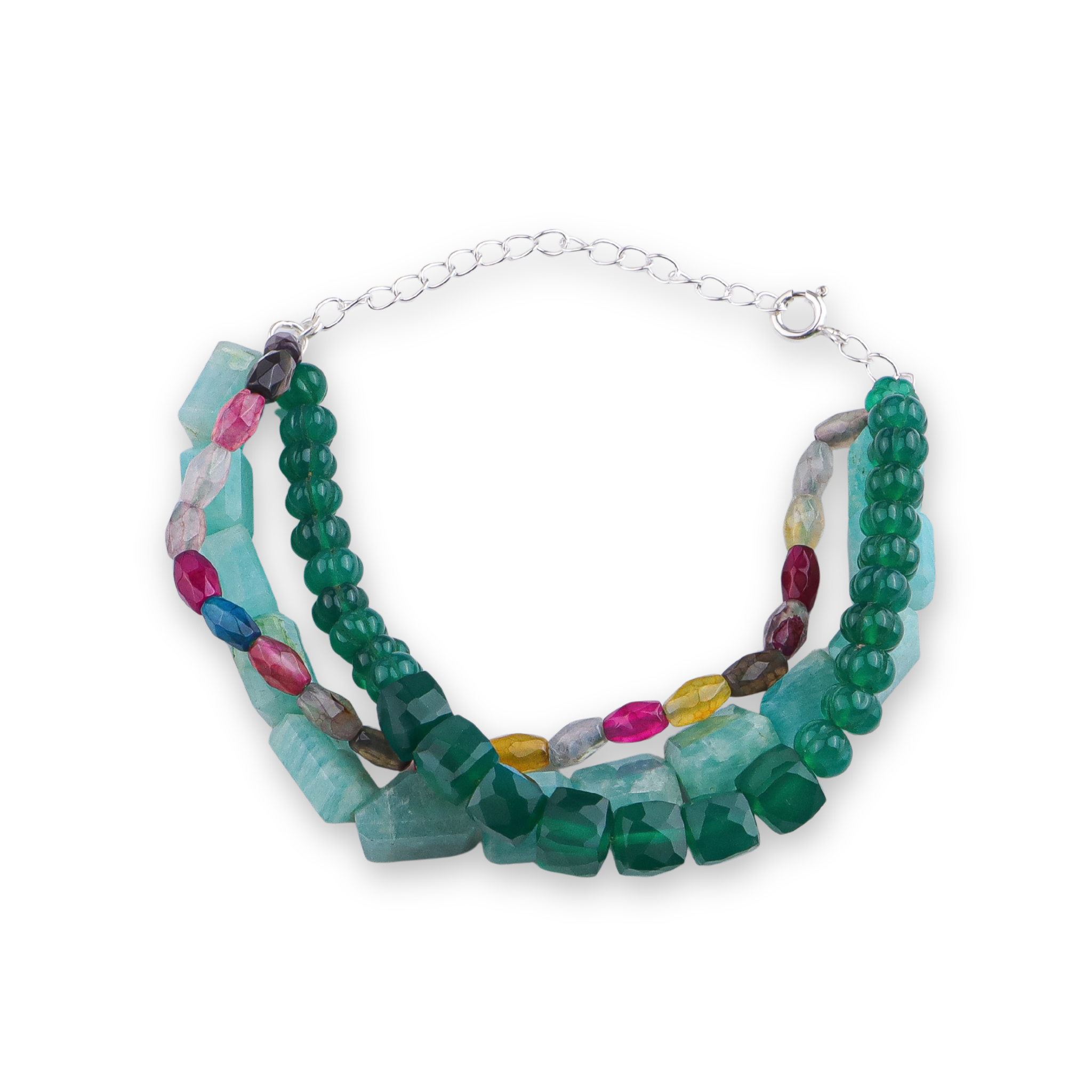 Green Onyx, Multicolor Agate & Amazonite Silver Bracelet (Project Handmade)
