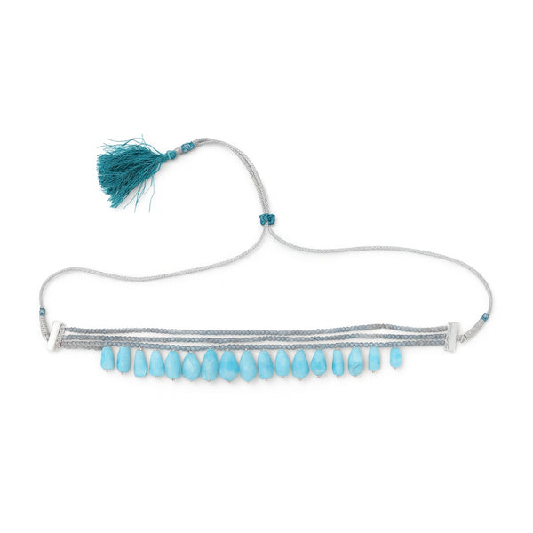 Luxe Labradorite Larimar necklace with silver beads and tassel