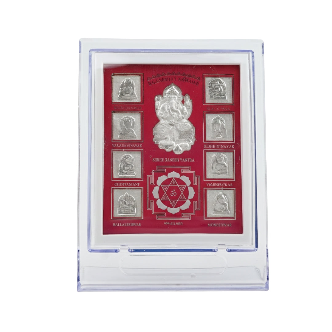 Sterling silver Ganesh Yantra frame with red background for home decor