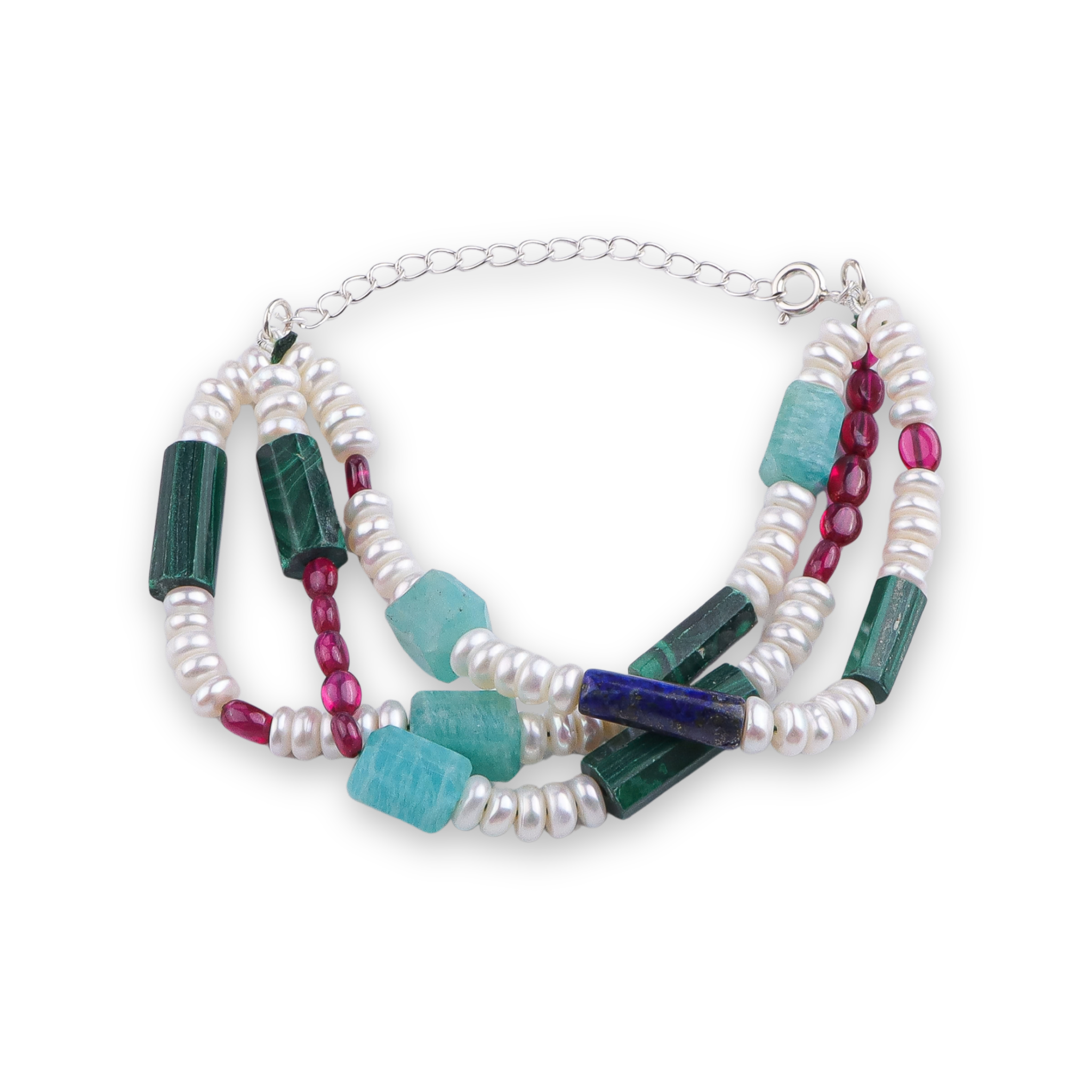 Amazonite, Lapis Lazuli, Ruby, Freshwater Pearl & Malachite Silver Bracelet (Project Handmade)
