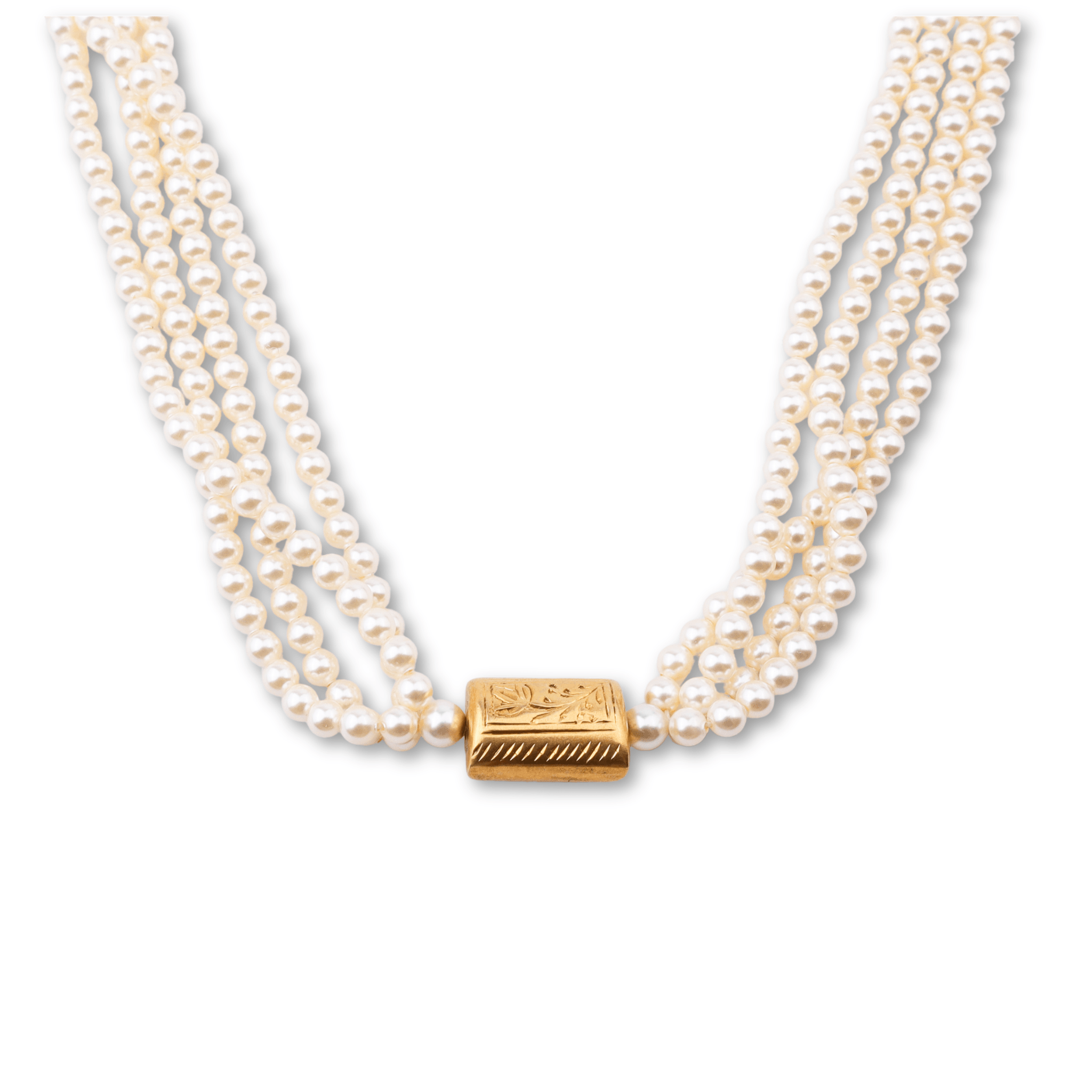 Pearl necklace with carved beads and gold-plated clasp