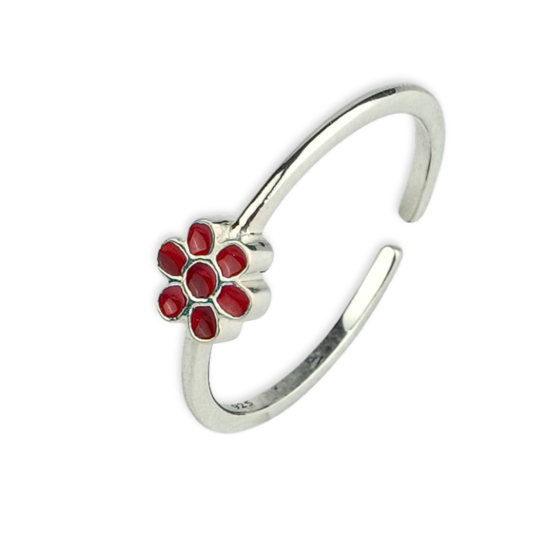 Red Flower Enamel Silver Ring