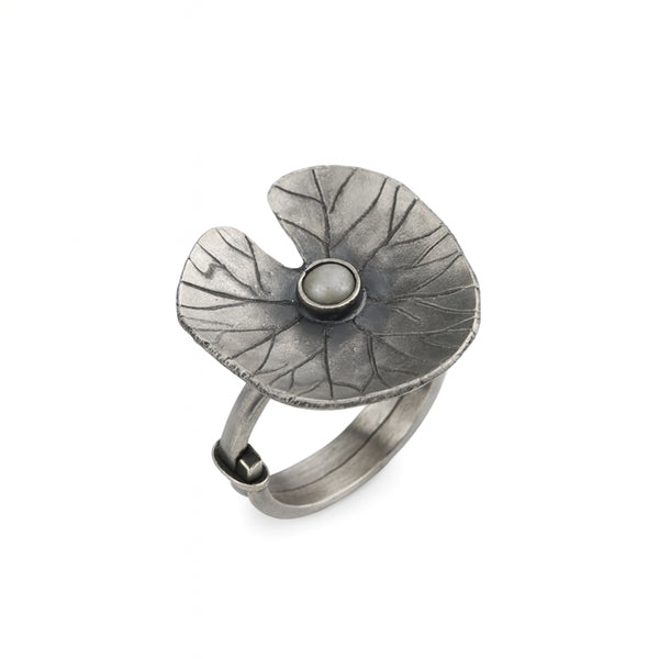 Silver leaf ring with pearl accent, adjustable jewelry