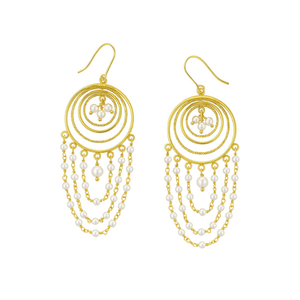 Gold plated pearl chandbali earrings with cascading pearls and concentric circles