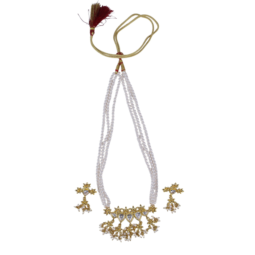 Silver Cz flower tanmani set with pearls (5 Leaf) | 92.5 Silver | 22K Gold Plated