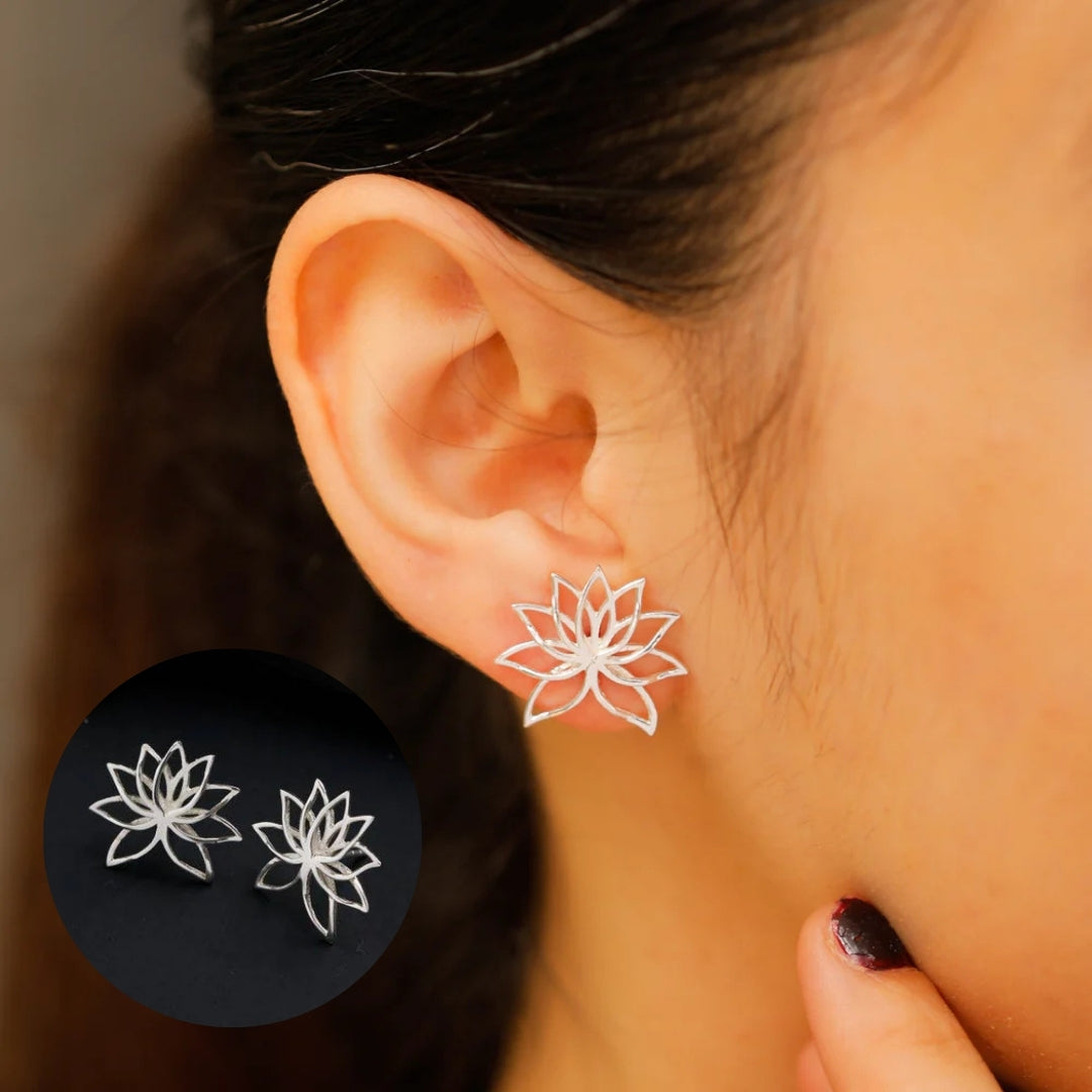 Handcrafted lotus silver earrings polished finish