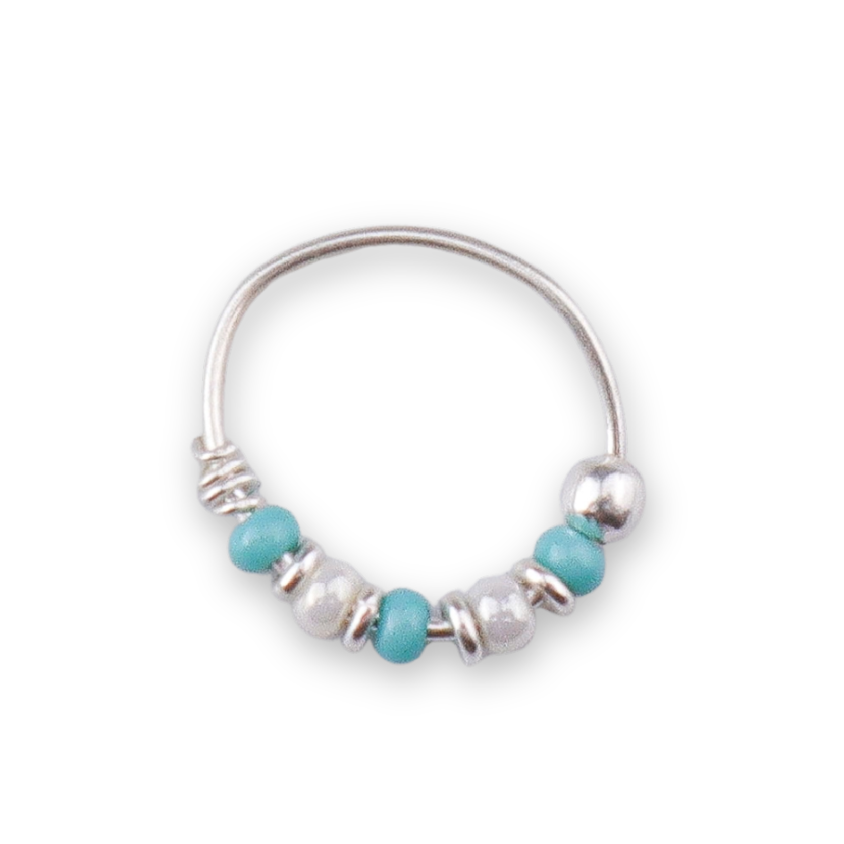 Silver Septum Cum Nose Ring with Blue & White Bead (Pierced)