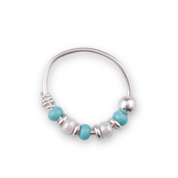 Silver Septum Cum Nose Ring with Blue & White Bead (Pierced)