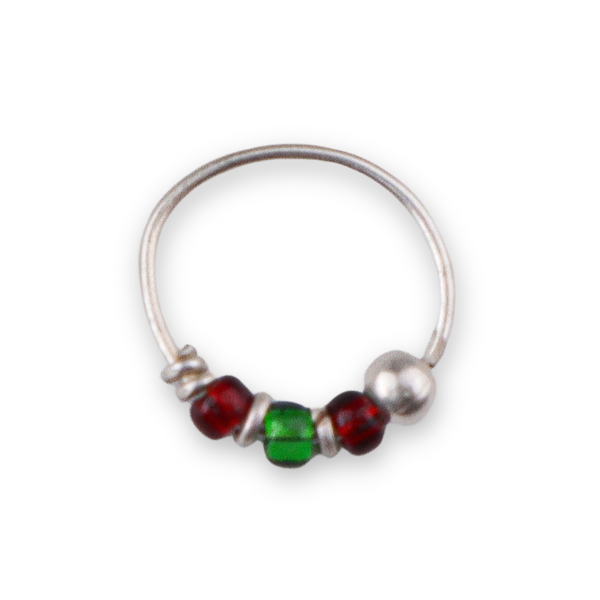 Silver Septum Cum Nose Ring with Green & Red Bead (Pierced)