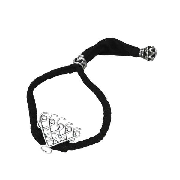 Silver Saraswati bracelet with black thread and small motif for men and women