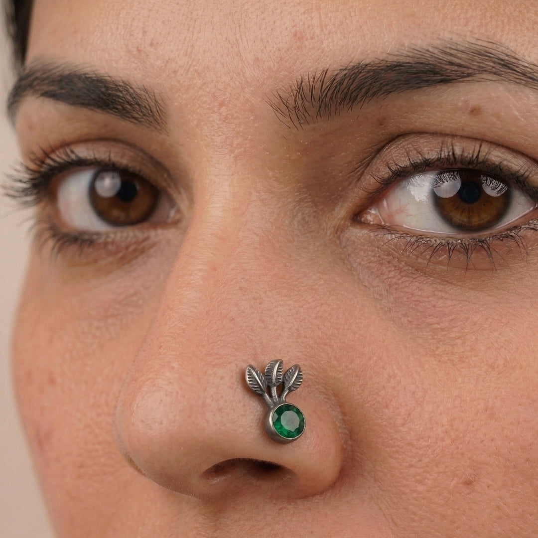 Oxidised Green Petalfall Pierced Nose Pin (Large)